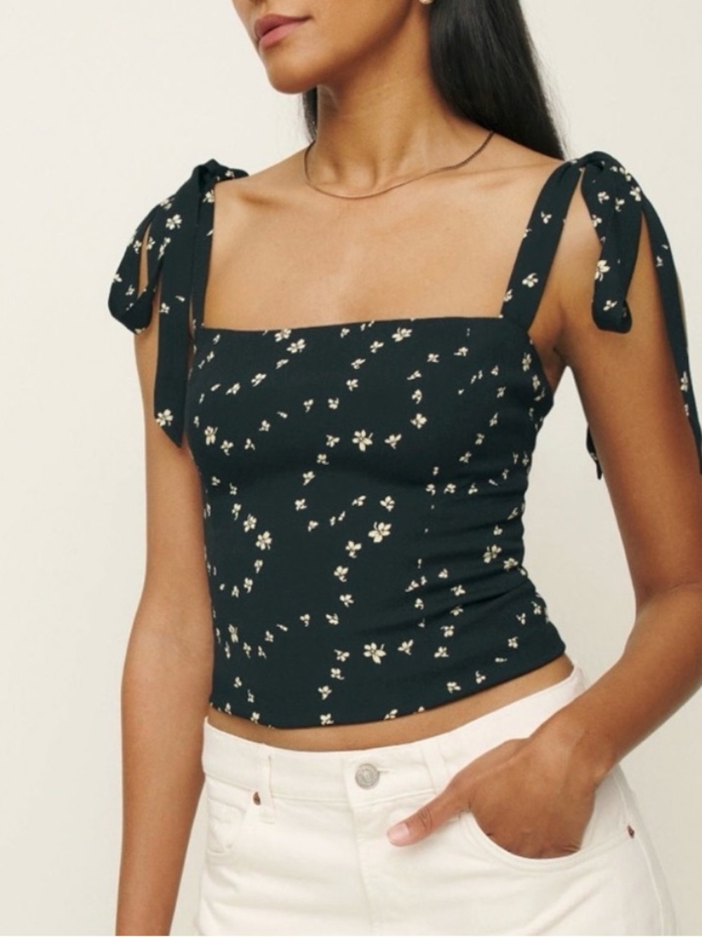 Reformation Ellora Black Tie-Shoulder Floral top back zip